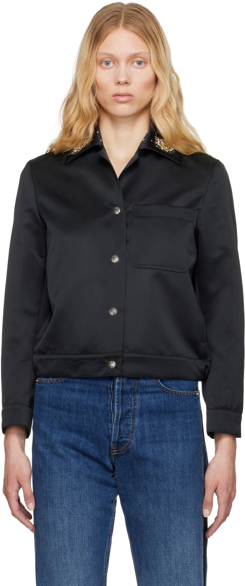 Košulja Wales Bonner Wales Bonner 'The Flora' Cropped Satin Jacket Crna | WS25JA18-PL03-999