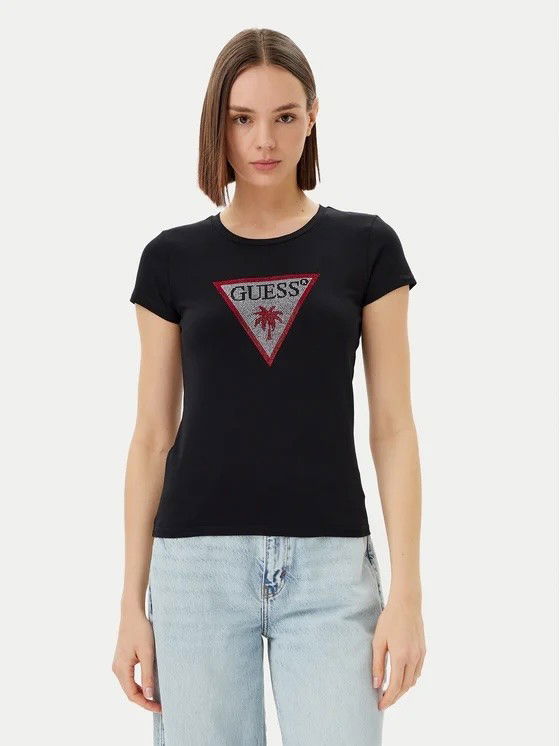Majica kratkih rukava GUESS Guess Rhinestone Triangle Short Sleeve T-Shirt Crna | E5GI08J1314-JBLK