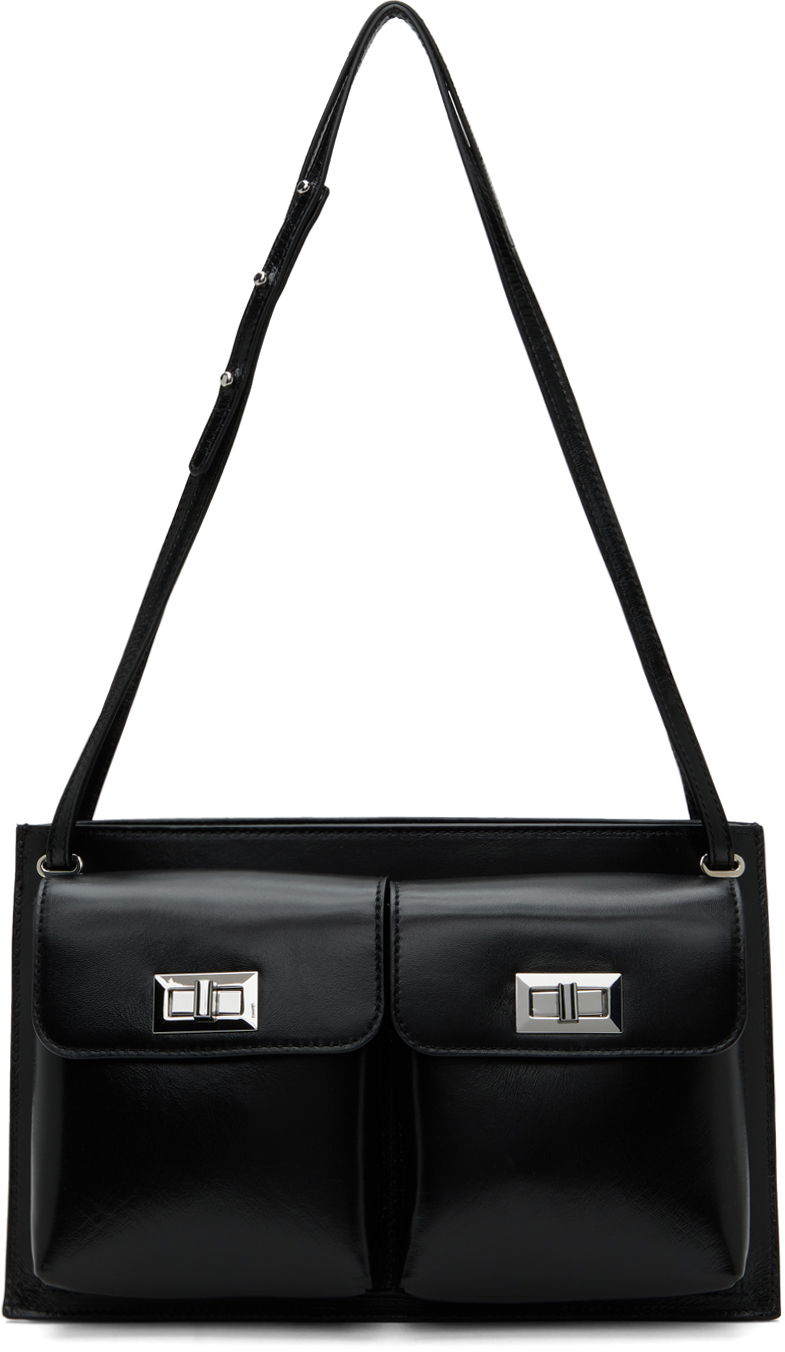Torba za rame BY FAR Leather Double Pocket Tote Bag Crna | SWBSB024LL002BK001PL