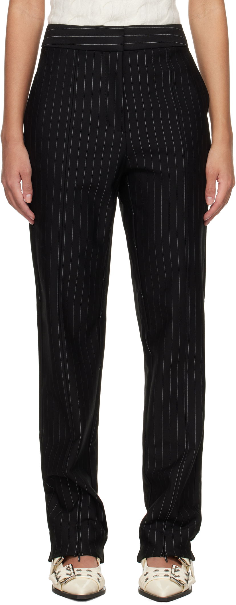 Hlače GANNI GANNI Mid Waist Pinstripe Trousers Crna | T4100