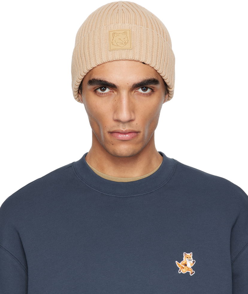 Kapica MAISON KITSUNÉ Maison Kitsuné Fox Head Leather Patch Beanie Bež | OW06110KT1140
