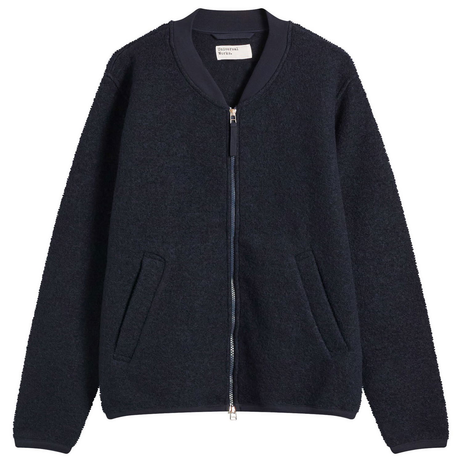 Bomber jakna Universal Works Universal Works Wool Fleece Zip Bomber Jacket, Size Small Tamnoplava | 00018-NVY, 0