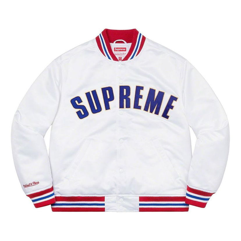 Bomber jakna Supreme Mitchell & Ness Satin Varsity Jacket Bijela | SUP-SS21-643