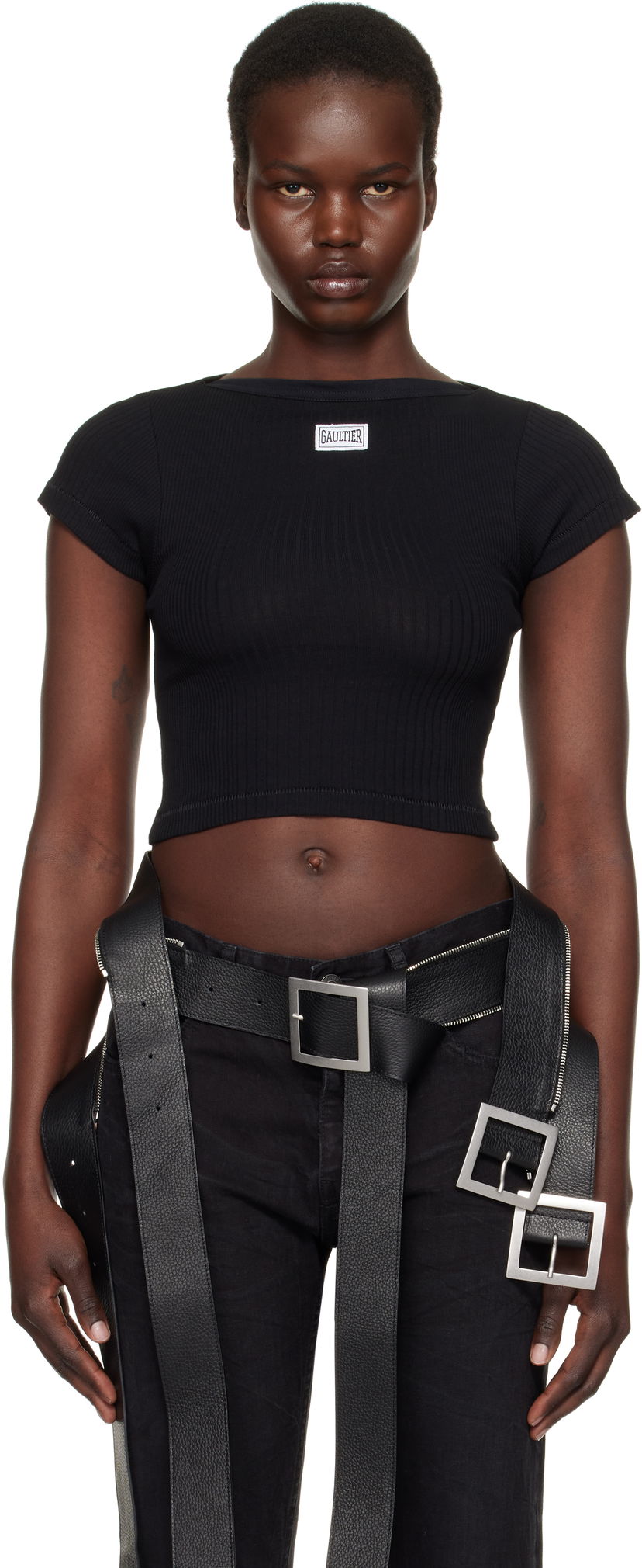 Crop top Jean Paul Gaultier Jean Paul Gaultier 'The Patch' Ribbed Crop T-Shirt Crna | 25/33-F-TS105P-J054-00