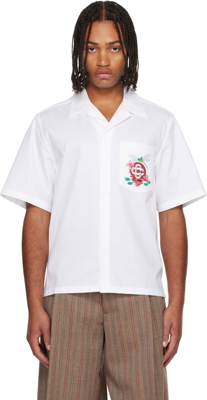 Košulja Casablanca Cotton Poplin Dragonfly and Floral Embroidered Short Sleeve Cuban Collar Shirt Bijela | M-AW25-SH-209-01