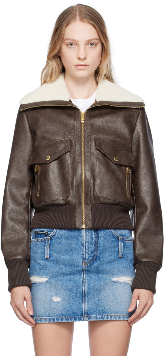 Jakna Dolce & Gabbana Brown Faded Faux-Leather Jacket Smeđa | F9Q87T GDBTY