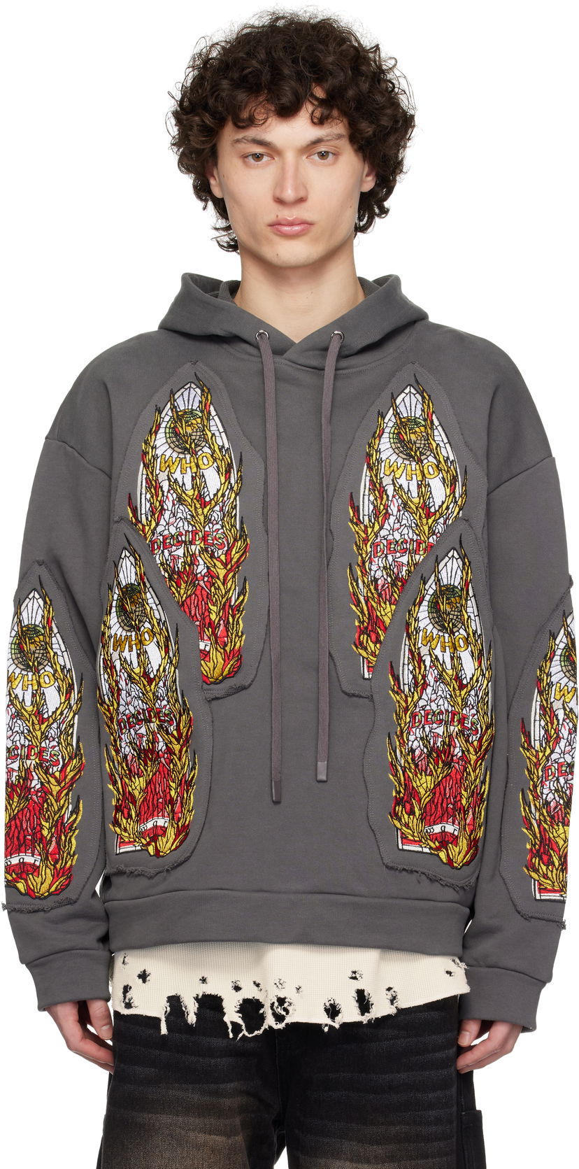 Dukserice Who Decides War Who Decides War Flame Glass Embroidered Hoodie Siva | 1110210021SS25