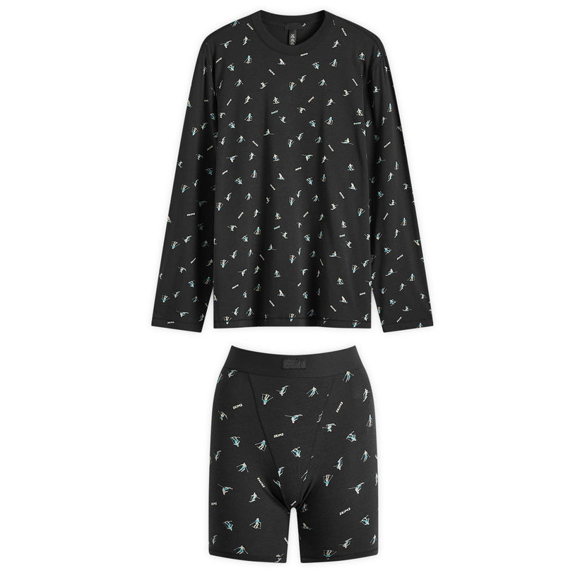 Pidžama SKIMS Boyfriend Long Sleeve T-Shirt and Shorts Sleep Set, Ski Print Crna | ST-SST-4526-ONYXSKIPRINT