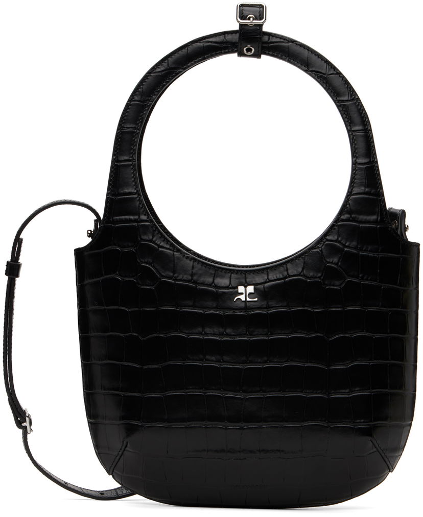 Torba za rame Courrèges Croc-Stamped Leather Shoulder Bag Crna | 224GSA102CR0060