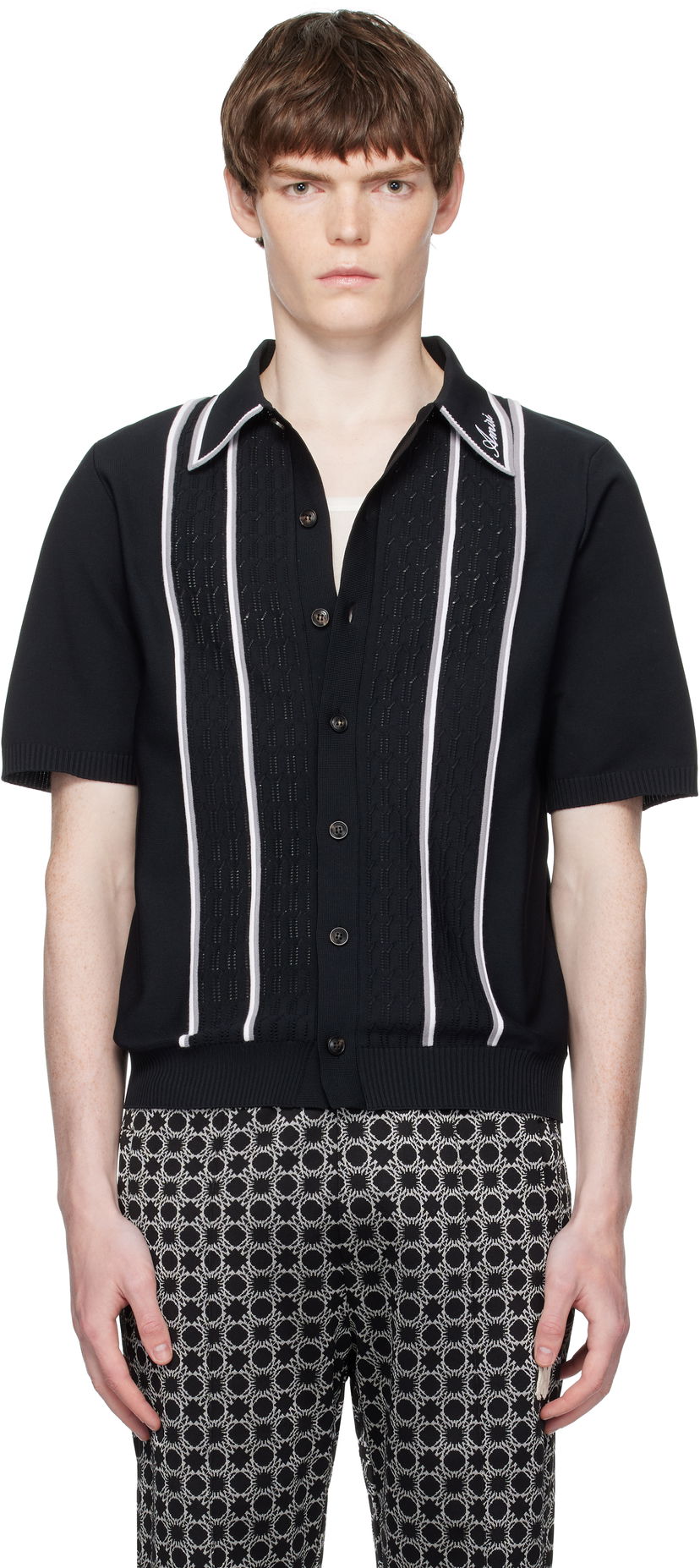 Polo majica AMIRI AMIRI Script Stripe Knit Polo Crna | AMKNIR1025
