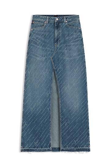 Suknja BOSS Long Denim Skirt with Logo Pinstripe and Front Slit Plava | 50542445
