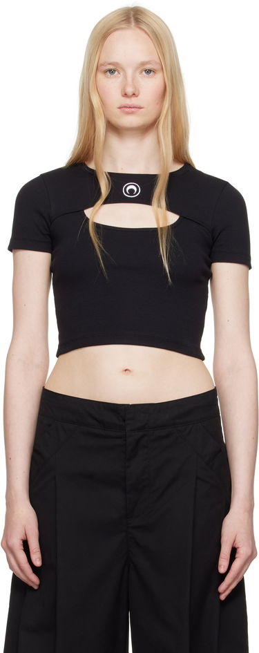Crop top Marine Serre Marine Serre Moon Logo Cut-Out Ribbed T-Shirt Crna | WTT023A CJER0011, 0