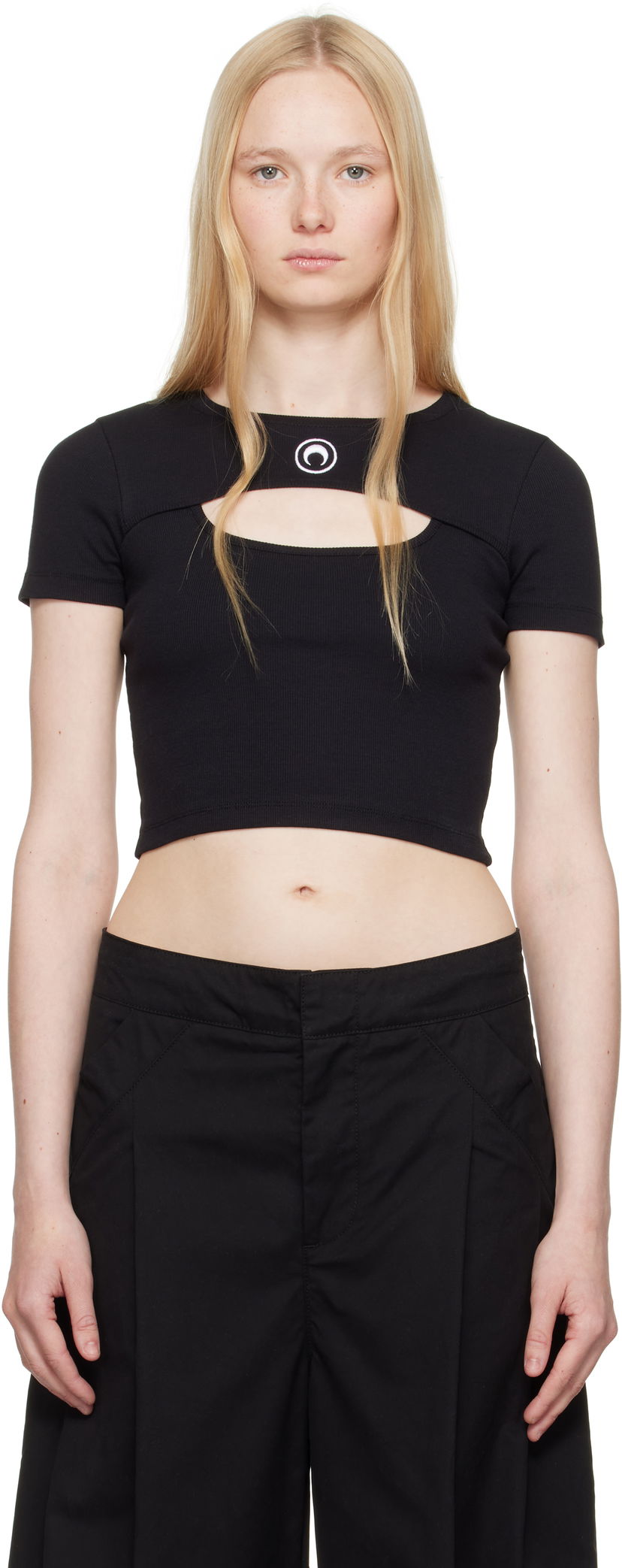 Crop top Marine Serre Marine Serre Moon Logo Cut-Out Ribbed T-Shirt Crna | WTT023A CJER0011