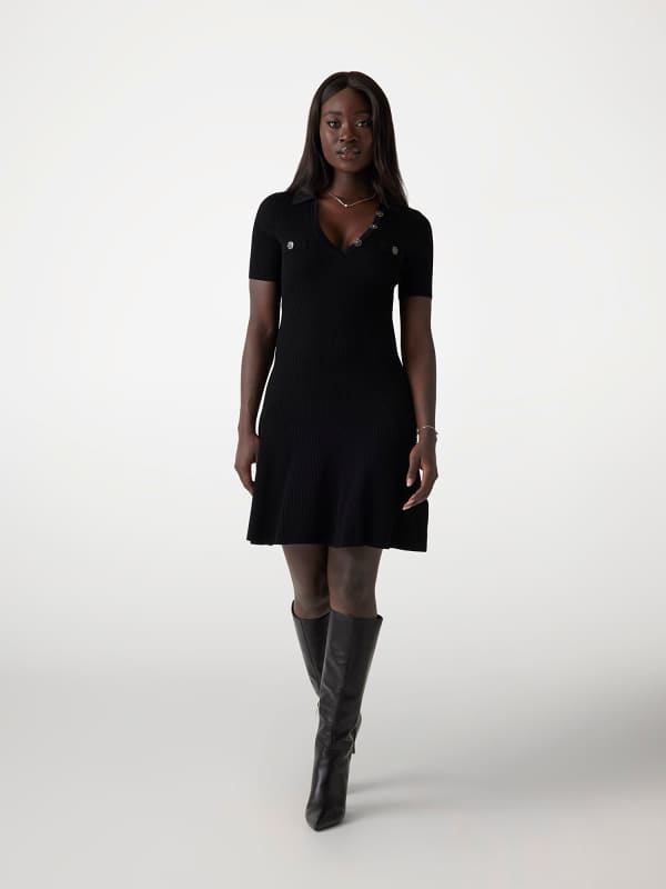 Haljina GUESS Ribbed Polo Sweater Mini Dress Crna | W5RK18Z2U00