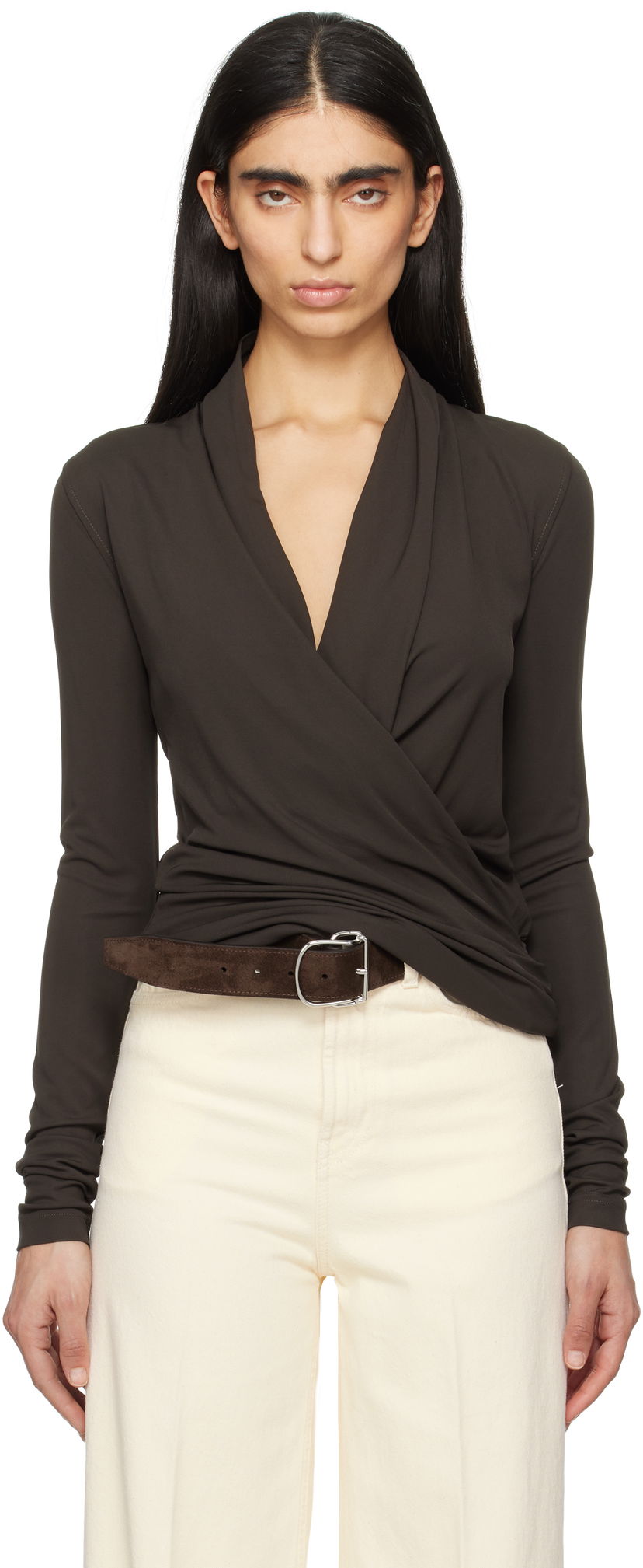 Džemper TOTEME TOTEME Overlapped Jersey Wrap Top Smeđa | 252-WRT0443-FB0162