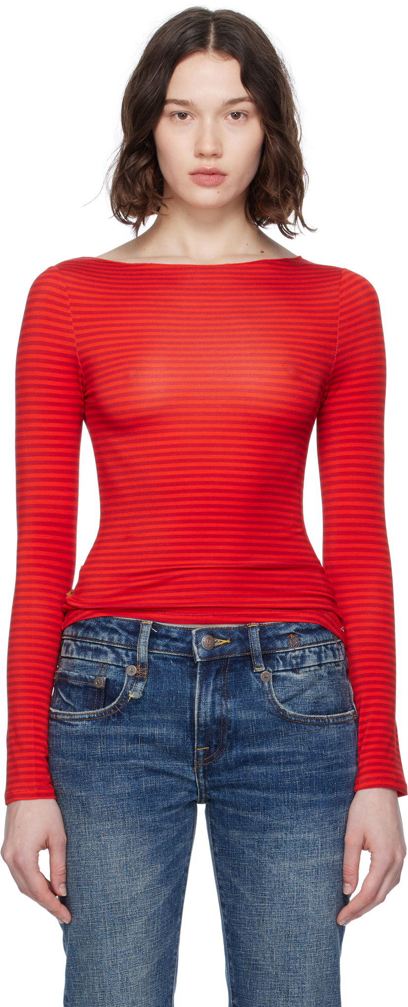 Majica kratkih rukava Miaou Miaou Amelia Striped Long Sleeve T-Shirt Crvena | 7183TJBRST