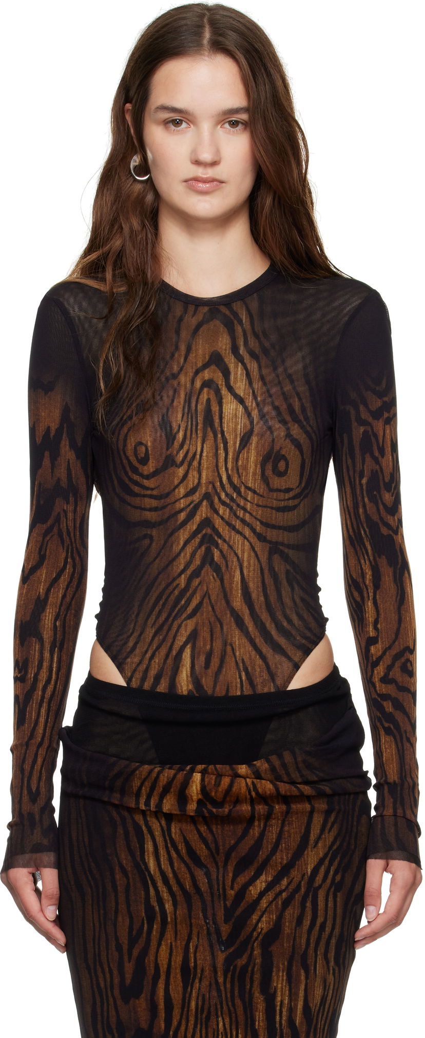 Body Jean Paul Gaultier Jean Paul Gaultier Mesh Double Layer Wood Print Bodysuit Smeđa | 25/03-W-TO314-M002P-0060
