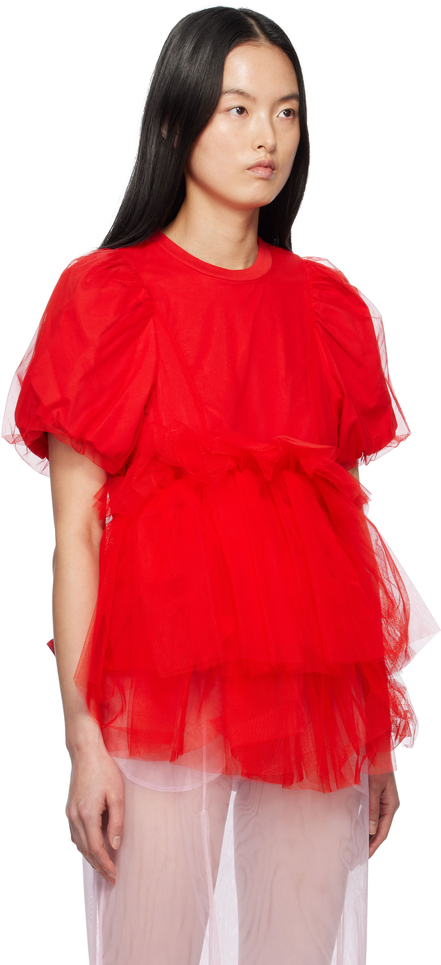 Majica kratkih rukava Simone Rocha Simone Rocha Tulle Overlay Puff Sleeve Tutu Hem T-Shirt Crvena | 5310 0553, 1