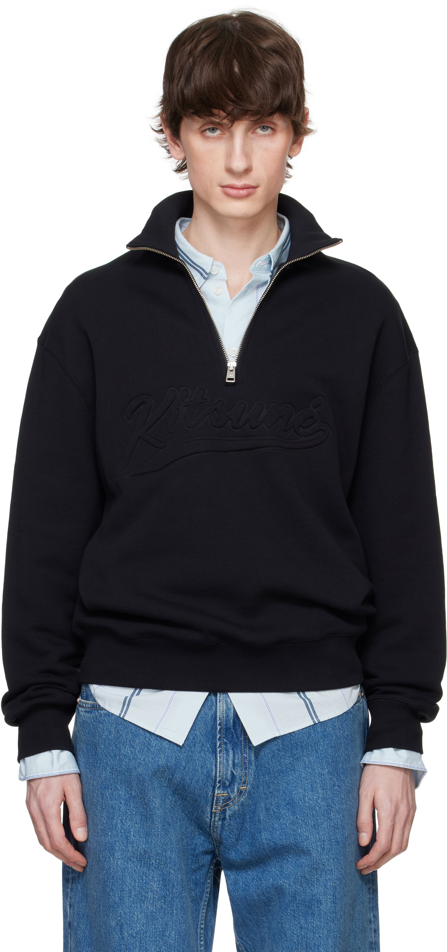 Dukserice MAISON KITSUNÉ Maison Kitsuné Varsity Half Zip Sweater Crna | OM00302KM0321, 0