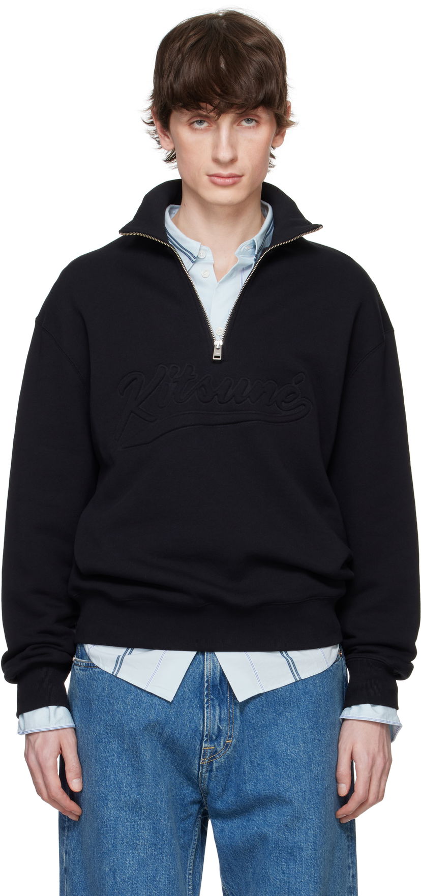 Dukserice MAISON KITSUNÉ Maison Kitsuné Varsity Half Zip Sweater Crna | OM00302KM0321
