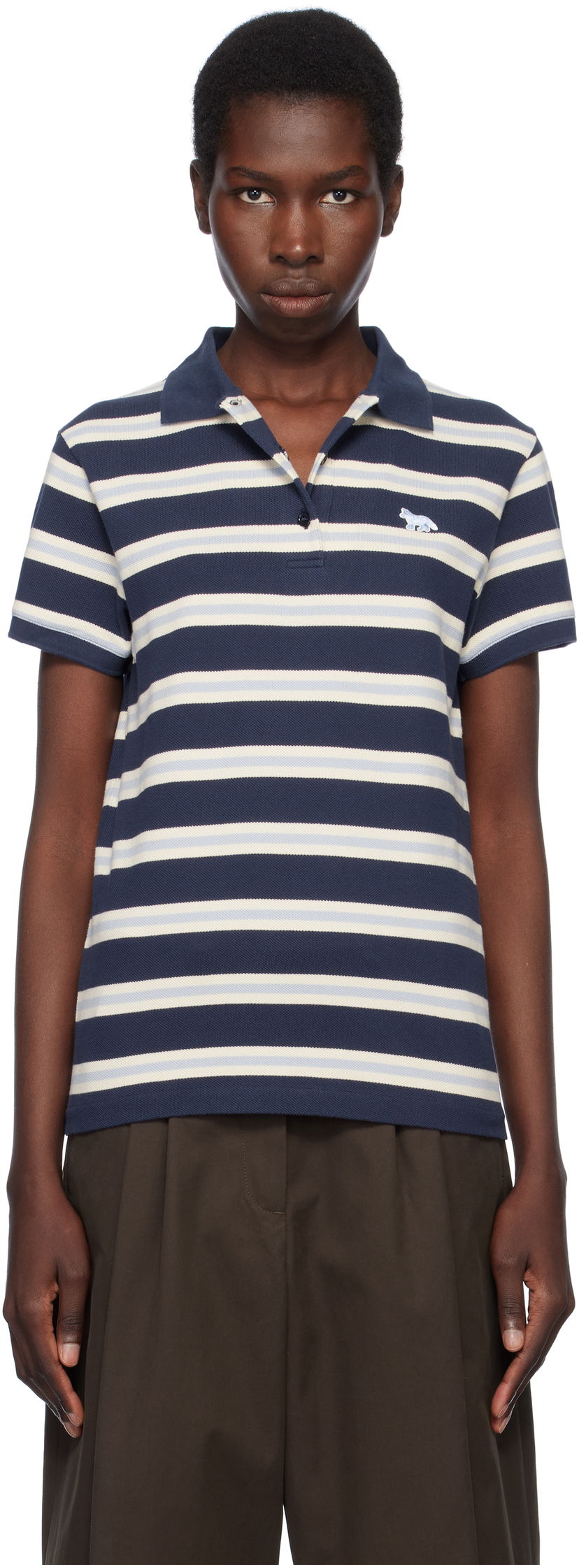 Polo majica MAISON KITSUNÉ Kitsuné Baby Fox Patch Stripe Polo Tamnoplava | OW00205KJ7010