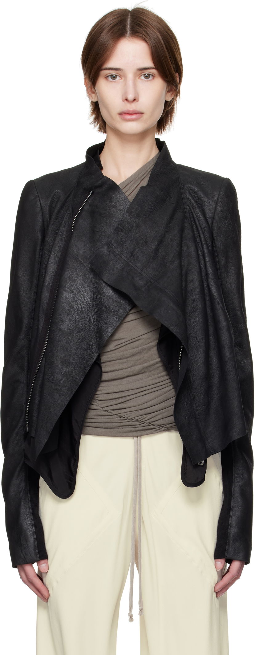 Jakna Rick Owens Rick Owens Hollywood Low Neck Biker Leather Jacket Crna | RP01E7702 LBA