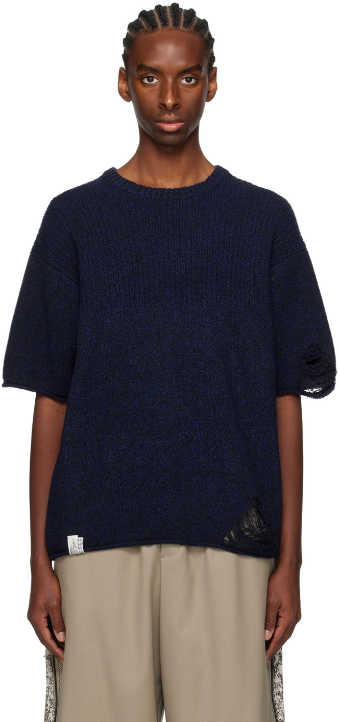 Dres ADER ERROR Distressed Knit T-Shirt Tamnoplava | BN01SSKT0501BK