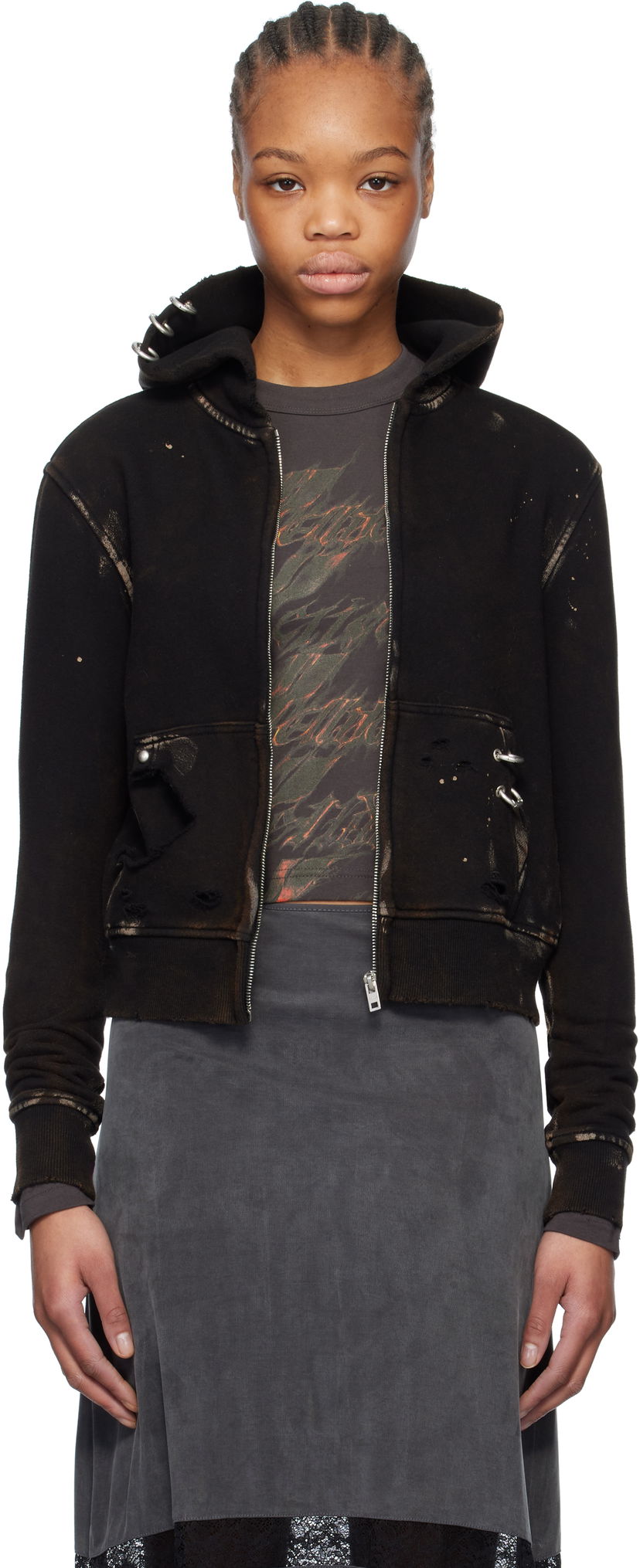 Dukserice We11done We11done Pierced Zip-Up Hoodie Crna | WD-TJ0-25-821-U-BK