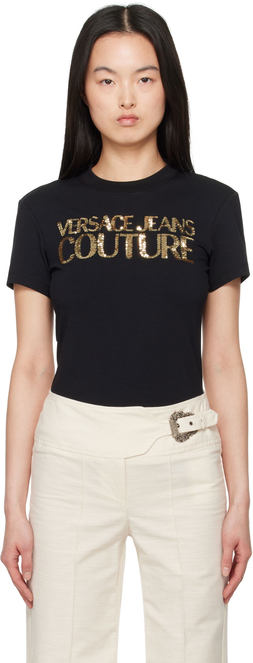 Majica kratkih rukava Versace Versace Jeans Couture Sequin Logo T-Shirt Crna | E78HAHE00_ECJ02E