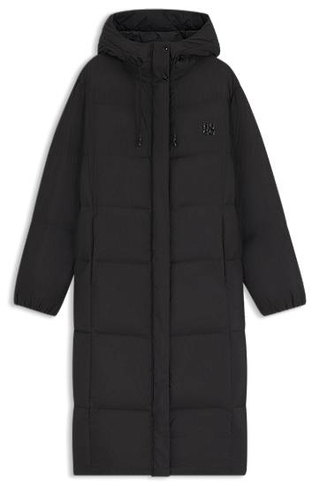 Pernata jakna BOSS Long-length hooded down jacket with stacked-logo print Crna | 50546355
