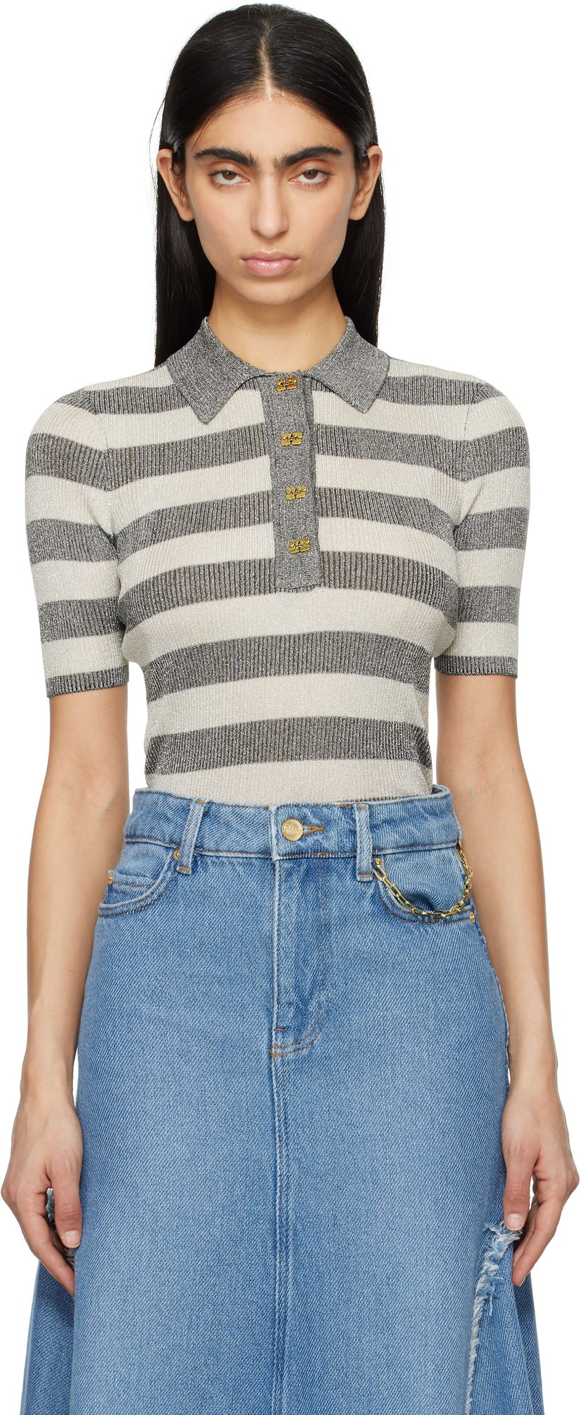Džemper GANNI GANNI Sparkle Rib Knit Striped Polo Siva | K2482