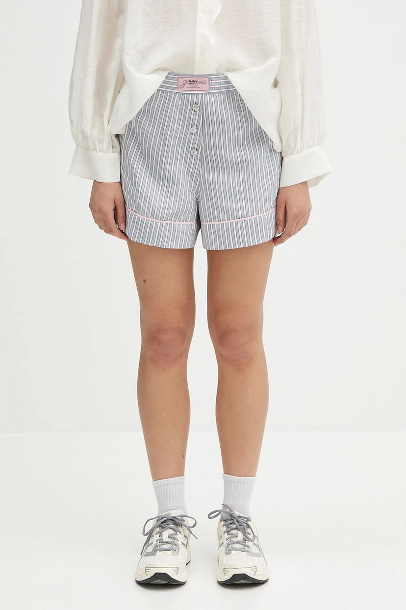 Kratke hlače GANNI GANNI Yarn Dyed Stripe Elasticated High Waist Shorts Plava | W0388