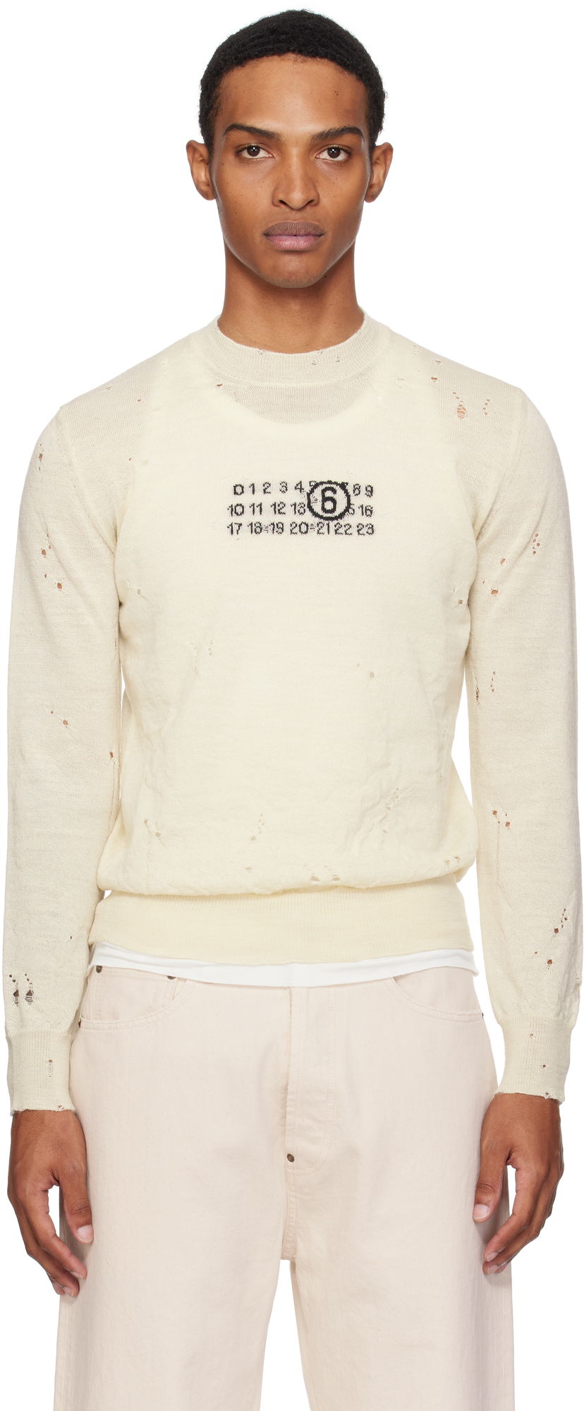 Džemper Maison Margiela MM6 Maison Margiela Distressed Wool Sweater Bijela | SH0HL0033 M13134
