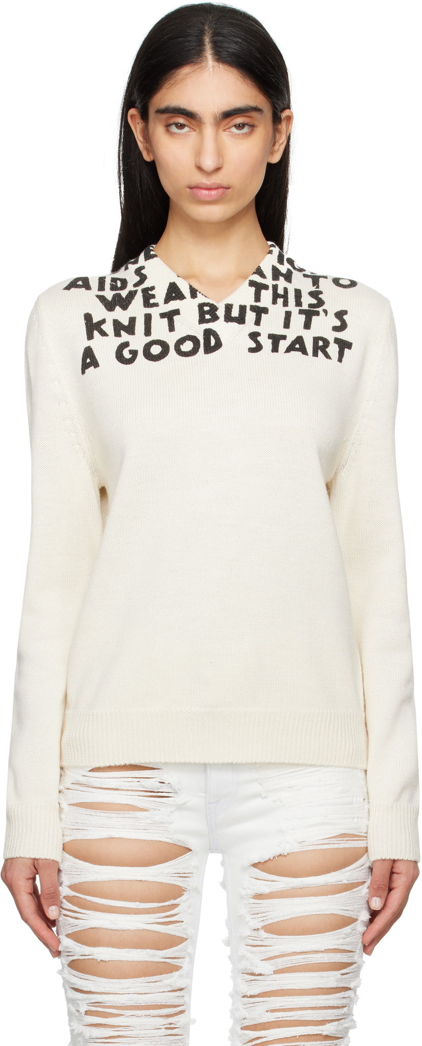 Džemper Maison Margiela MM6 Maison Margiela SIDA Print V-Neck Sweater Bijela | S62HN0005 M13122