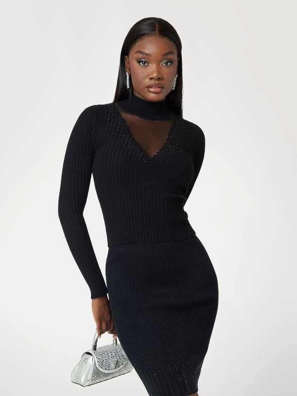 Džemper GUESS Rhinestone Detail Ribbed Sweater Crna | W5RR15Z2Y50