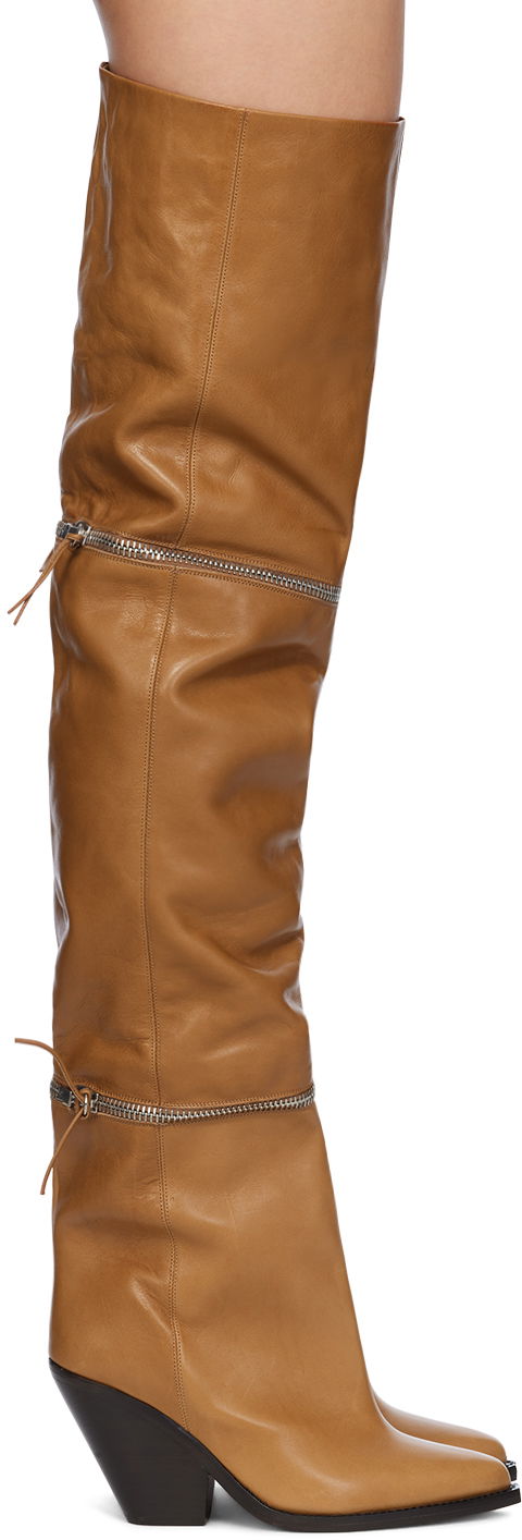 Tenisice i cipele ISABEL MARANT Lelodie Over-the-Knee Zipped Leather Boots Smeđa | 23HCD0006FA-A4A12S
