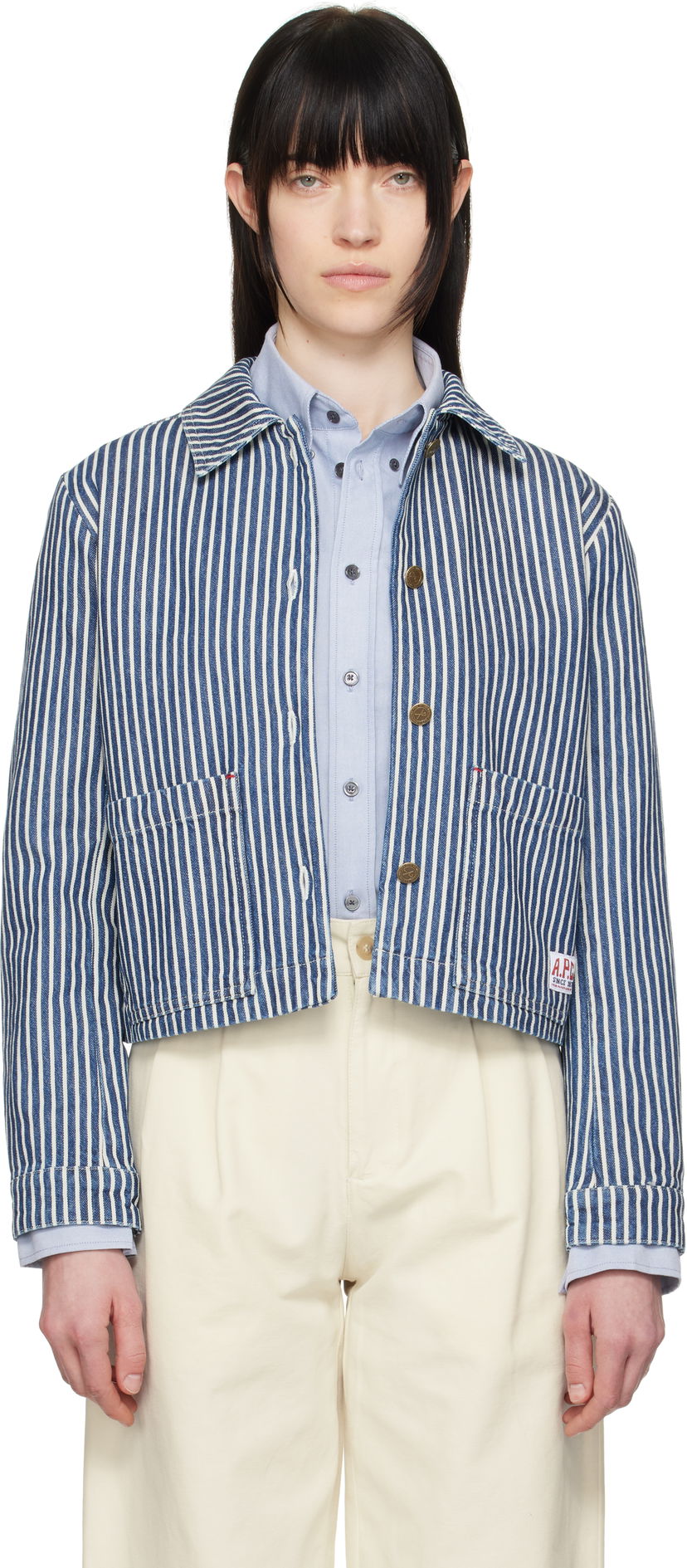 Jakna A.P.C. A.P.C. Frida Striped Cropped Denim Jacket Plava | COHHG-F32006