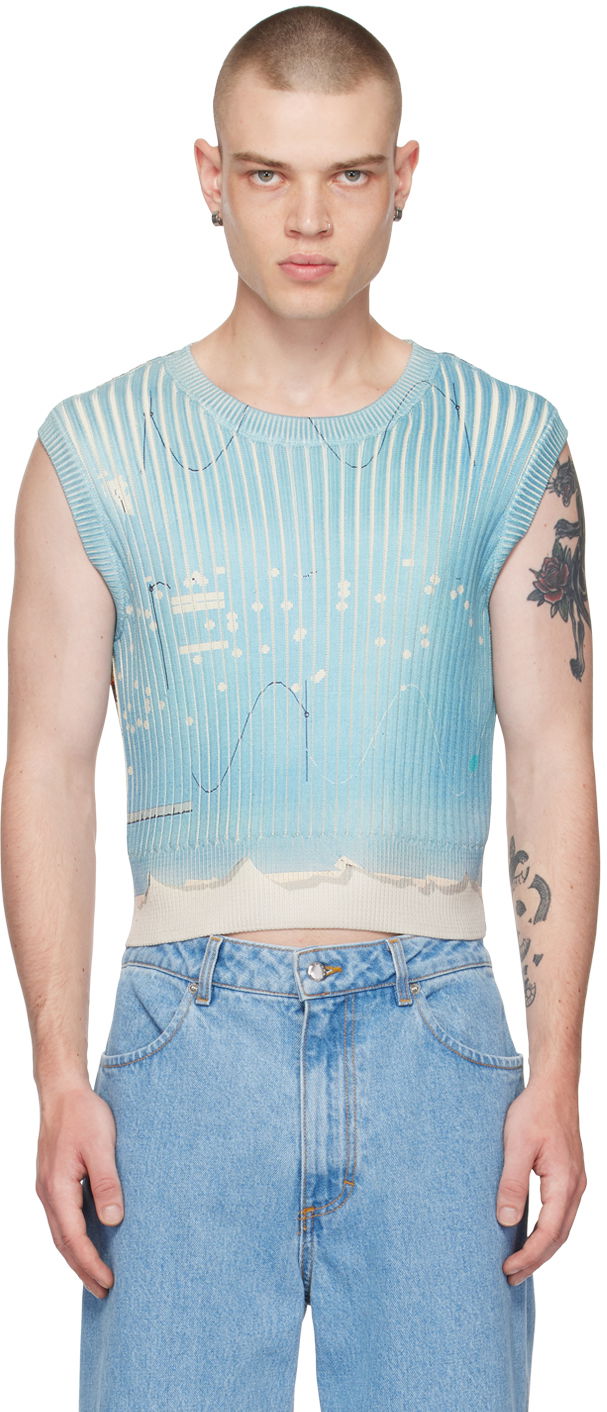 Majica bez rukava Eckhaus Latta Printed Cropped Knit Vest Plava | 7035-EL-SS23-U - UNDERWOOD
