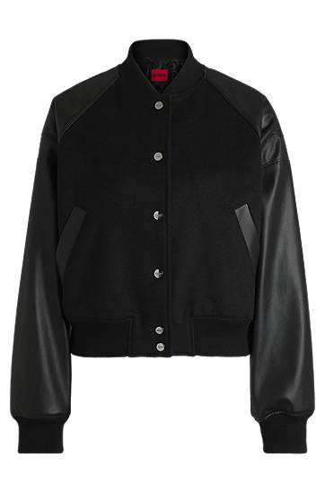 Bomber jakna BOSS Cropped Bomber Jacket with Faux Leather Sleeves Crna | 50529951