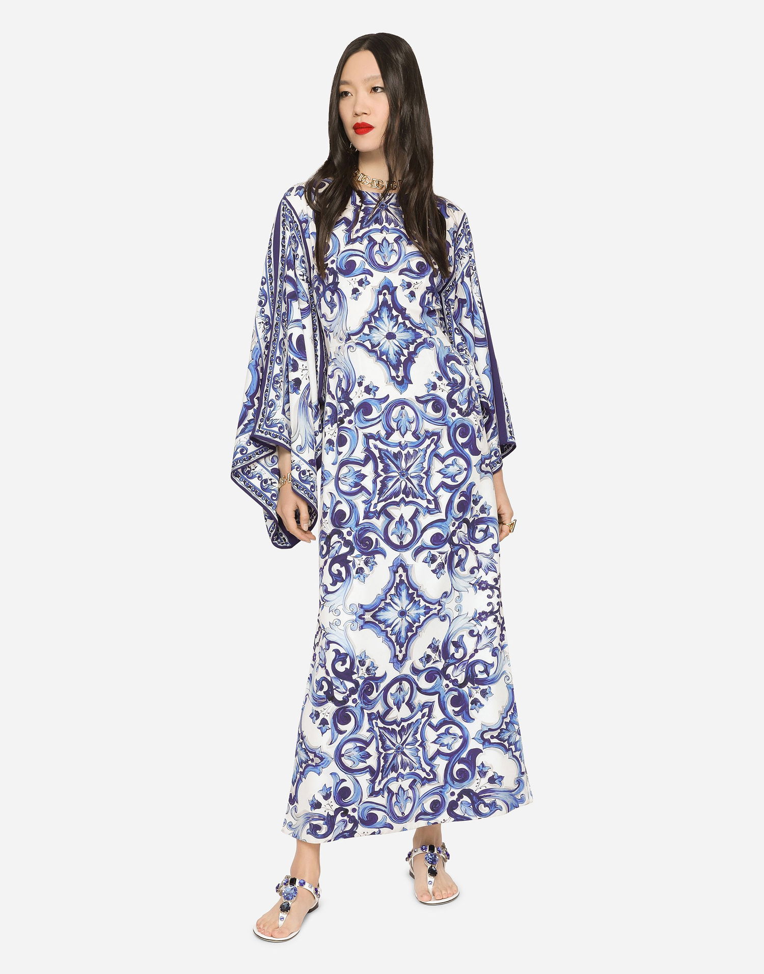 Haljina Dolce & Gabbana Dolce & Gabbana Majolica-Print Charmeuse Dress Plava | F69D5THPABOHA3TN, 1