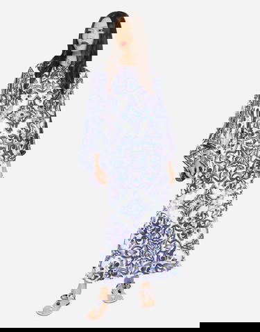 Haljina Dolce & Gabbana Dolce & Gabbana Majolica-Print Charmeuse Dress Plava | F69D5THPABOHA3TN, 1