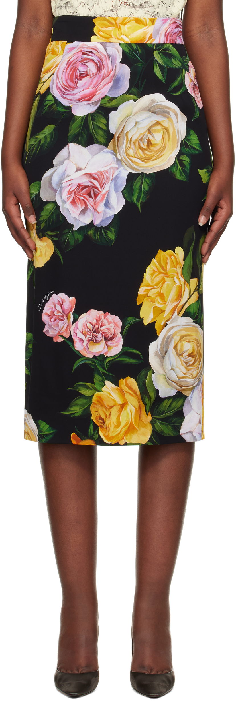 Suknja Dolce & Gabbana Dolce&Gabbana Peony & Rose-Print Midi Skirt Crna | F4B6UT FSA7B