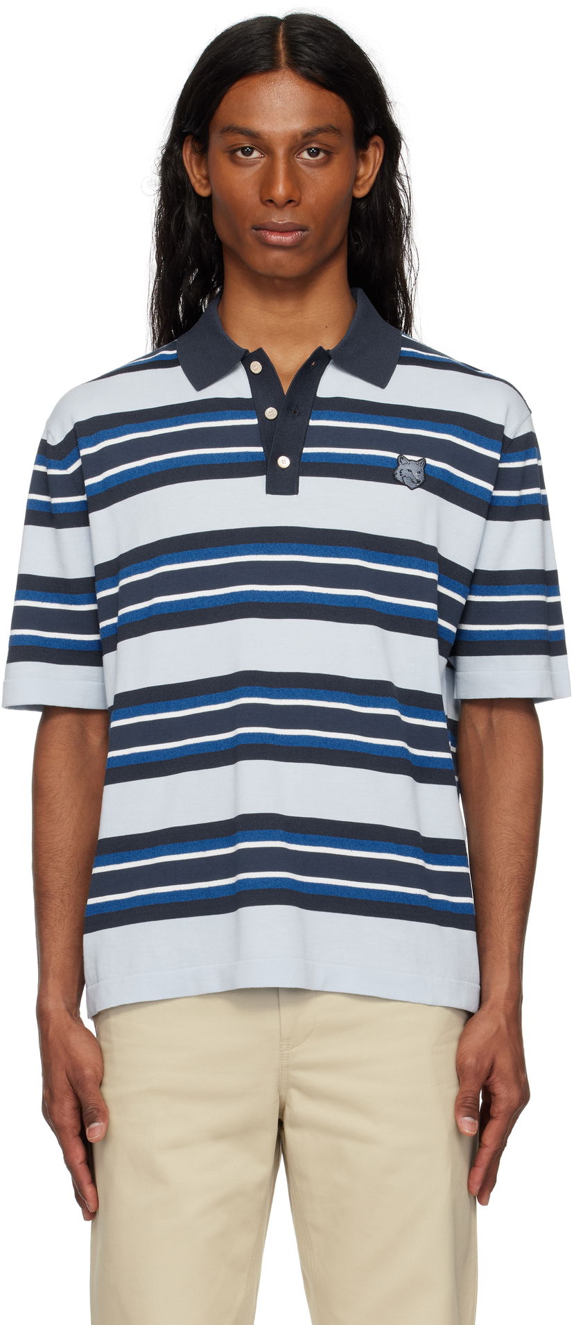 Polo majica MAISON KITSUNÉ Maison Kitsuné Fine Gauge Striped Polo with Fox Head Patch Plava | OM00201KT1119