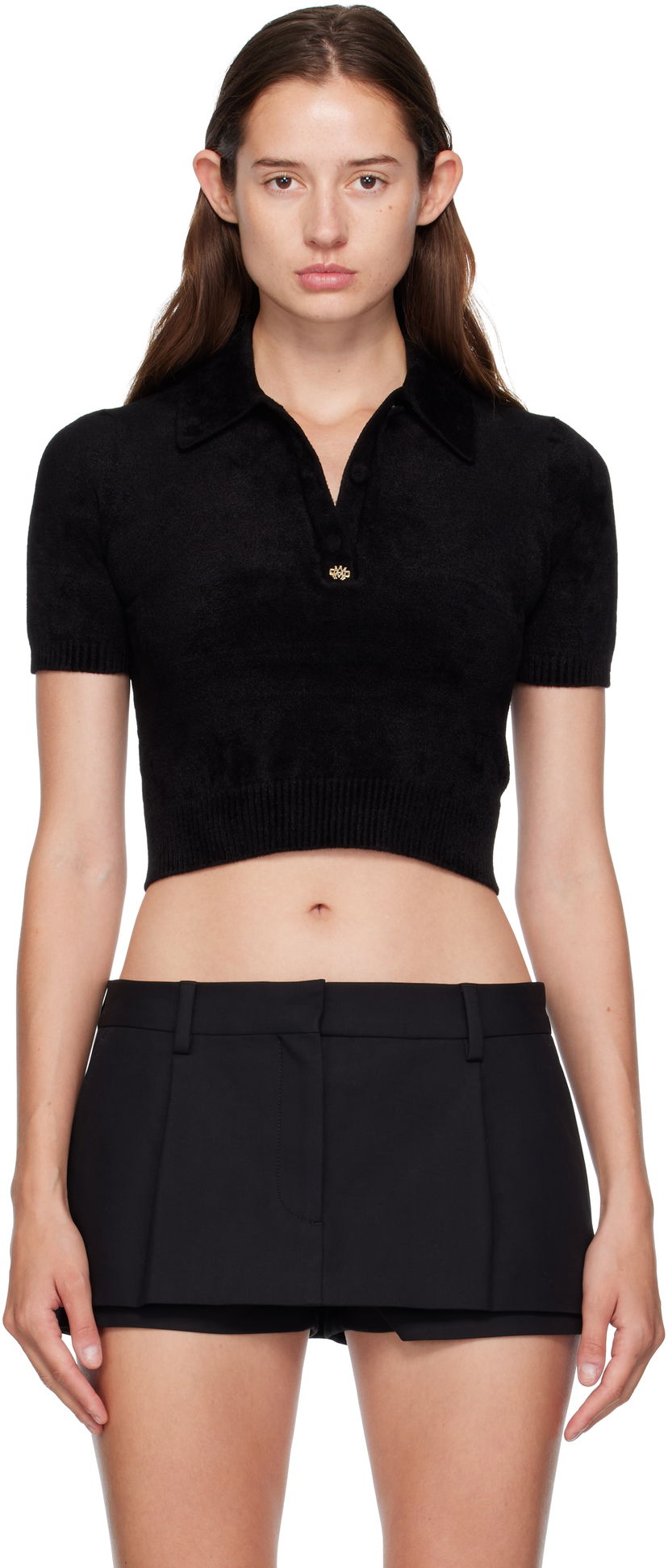 Polo majica AMIRI AMIRI Velvet Cropped Polo Crna | AWKNPO1031