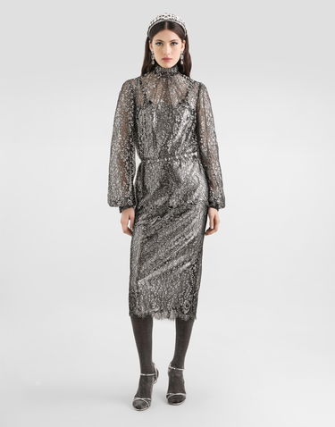 Košulja Dolce & Gabbana High-neck Long-sleeve Lamé Lace Top with Scalloped Hem, Collection Metalik | F7BD7TILMCFS0998, 1