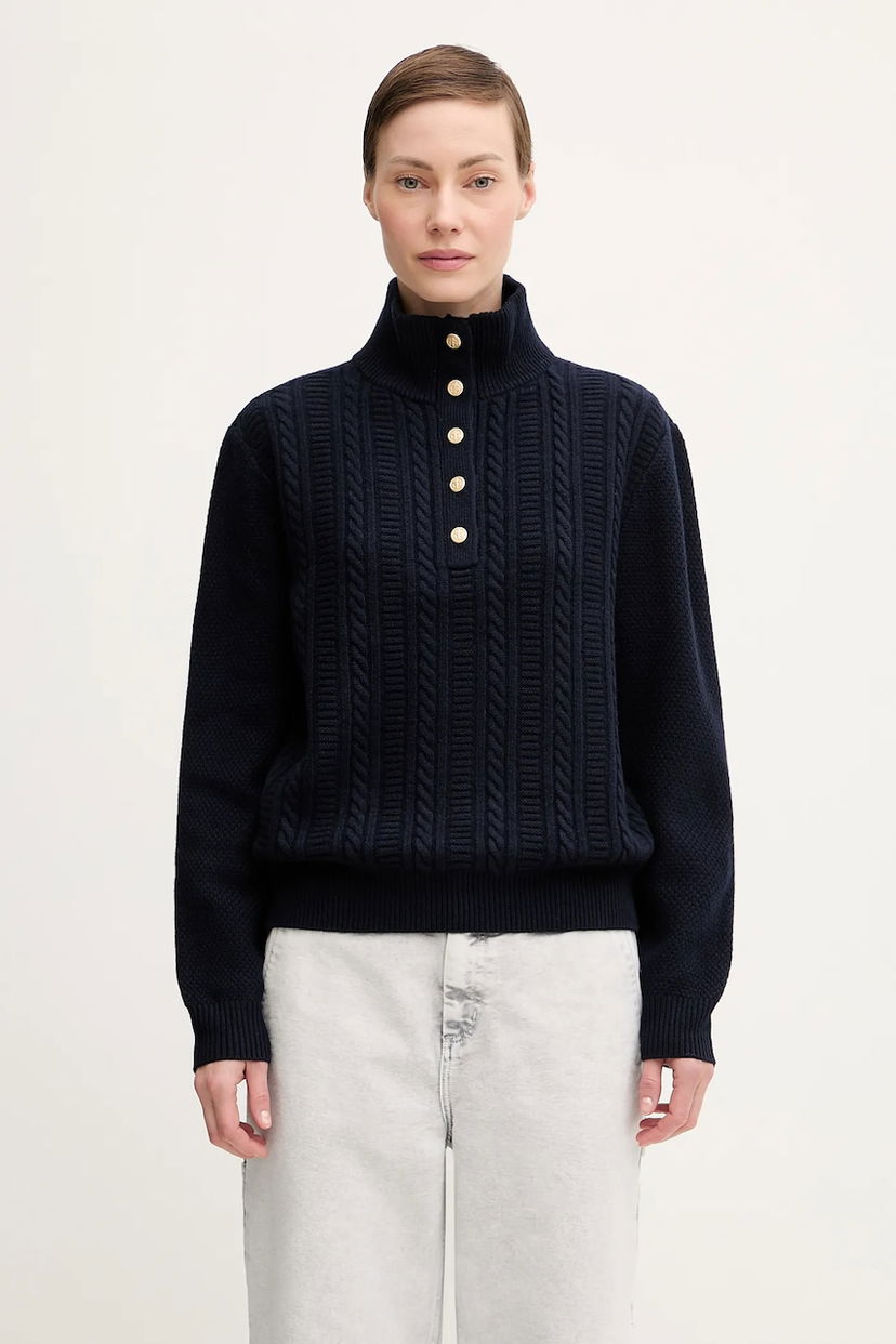 Džemper A.P.C. Thea Cable-Knit Mock Neck Button-Front Sweater Tamnoplava | WVBCZ.F23426