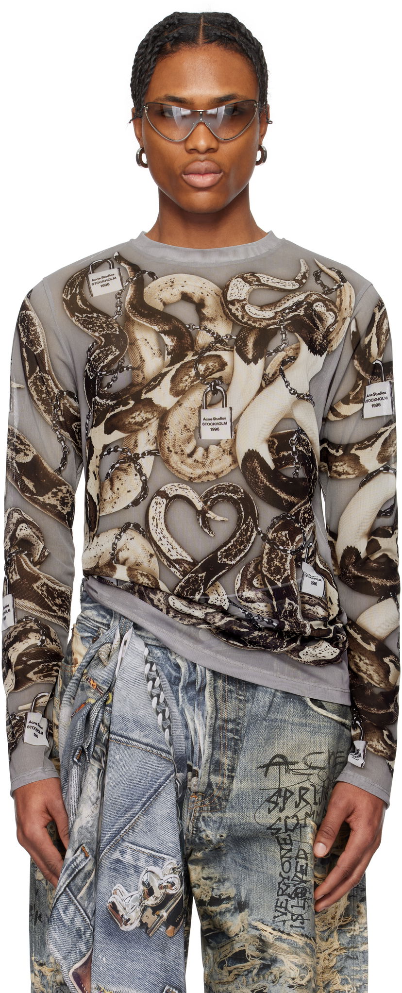 Majica kratkih rukava Acne Studios Acne Studios Printed Mesh Long Sleeve T-Shirt Siva | BL0406-