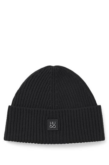 Kapica BOSS HUGO Virgin-Wool Beanie Hat with Stacked Logo Crna | 50527250