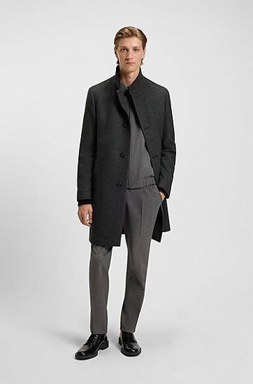 Kaputi BOSS Regular-Fit Stand-Collar Wool-Blend Twill Coat Siva | 50546553, 1
