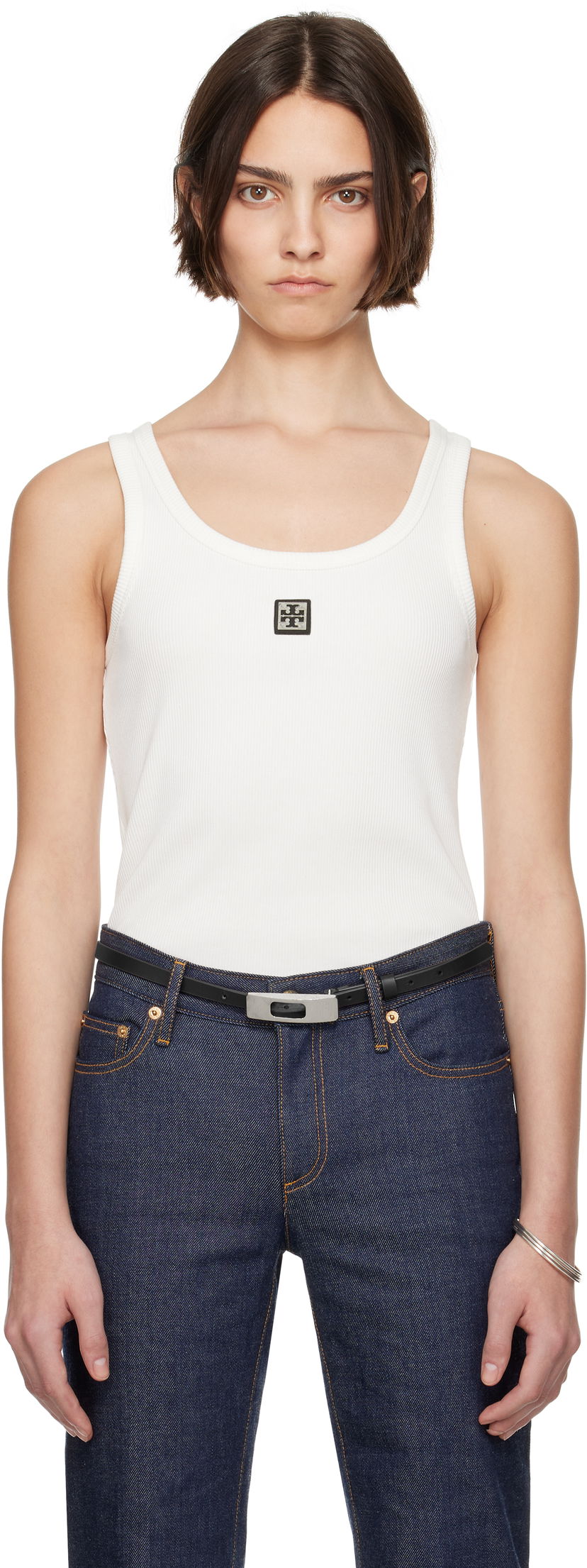 Majica bez rukava Tory Burch Tory Burch Cotton Scoop Tank Top with Metal Logo Bijela | 165173-047